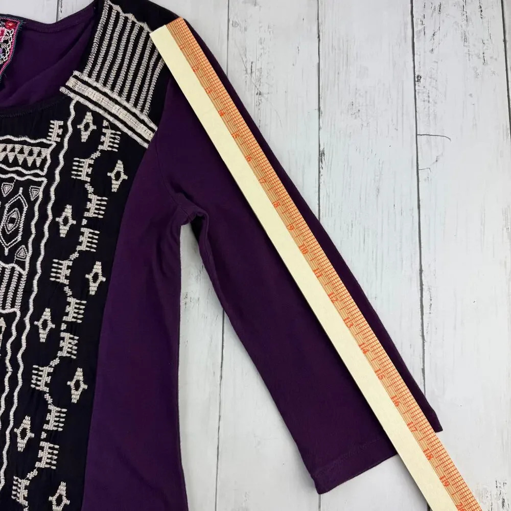 Johnny Was Dark Purple Embroidered 3/4 Sleeve Tunic Boho Cupra Cotton Size Small